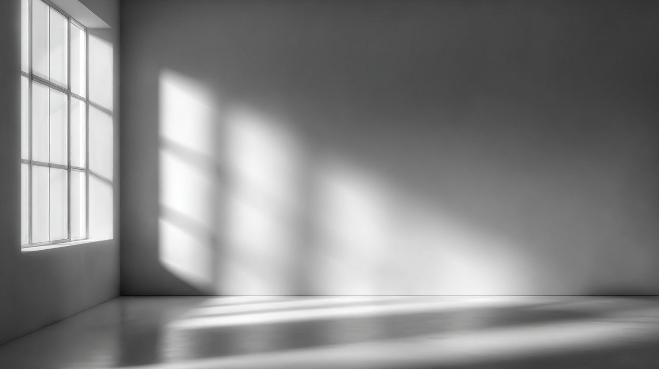 Black and white photo showing a plain white wall with soft light and window shadows creating a minimalist atmosphere.