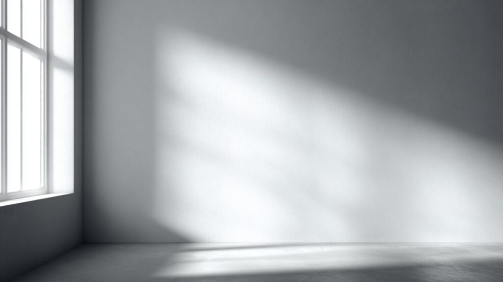 Minimalist black and white photo showing a plain white wall with soft natural light and window shadows creating a serene atmosphere.