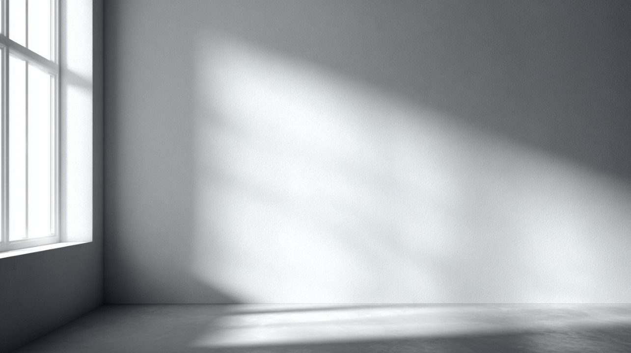 Minimalist black and white photo showing a plain white wall with soft natural light and window shadows creating a serene atmosphere.