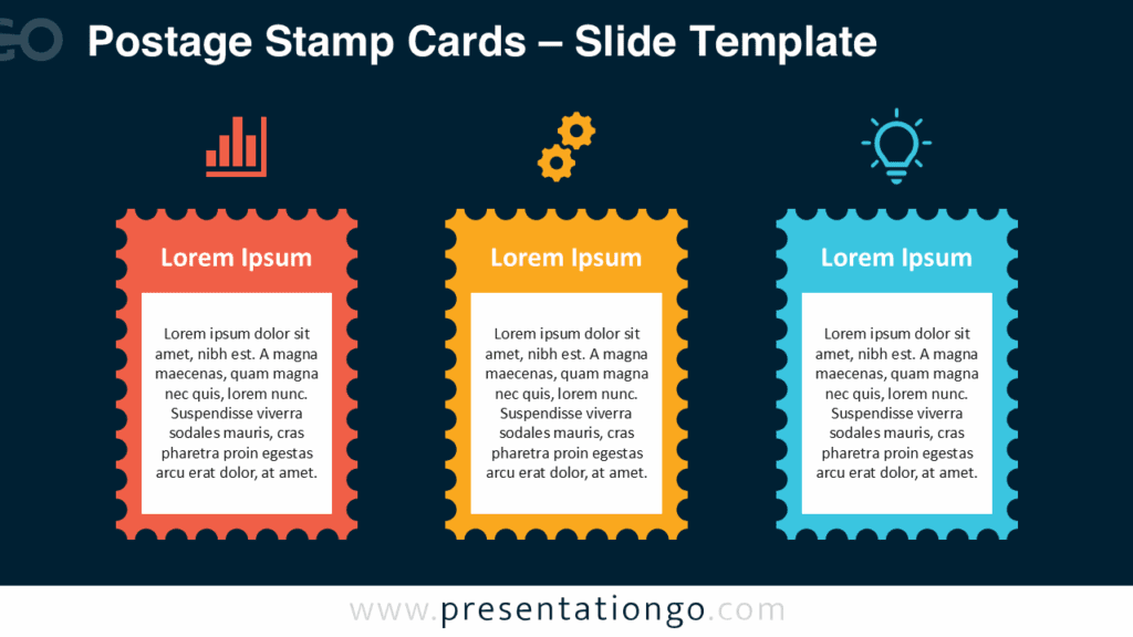 Dark background version of the Postage Stamp Cards template with three colorful stamp-shaped sections and icons, for PowerPoint slides.