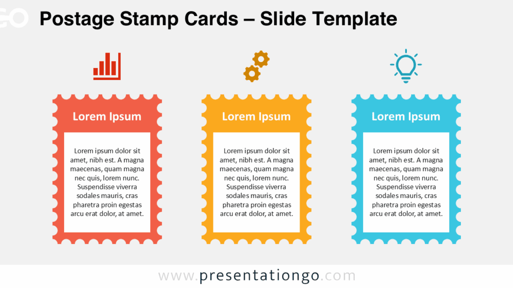Widescreen layout of the Postage Stamp Cards with light background, featuring editable colorful stamp cards and clean icon visuals.