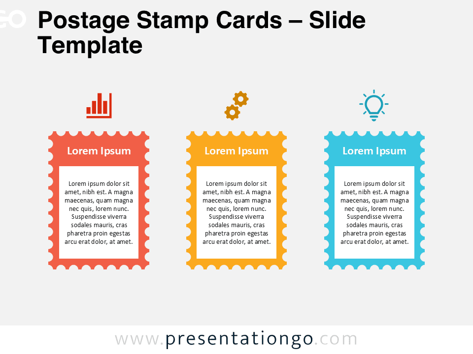 Preview of the Postage Stamp Cards template showing three colorful vertical stamp cards with icons, designed for PowerPoint use.