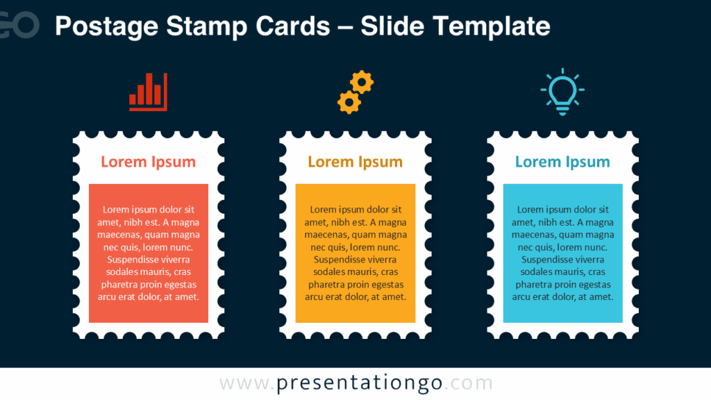 Three-part diagram of the Postage Stamp Cards on a dark background in standard format, ideal for slide presentations and comparisons.