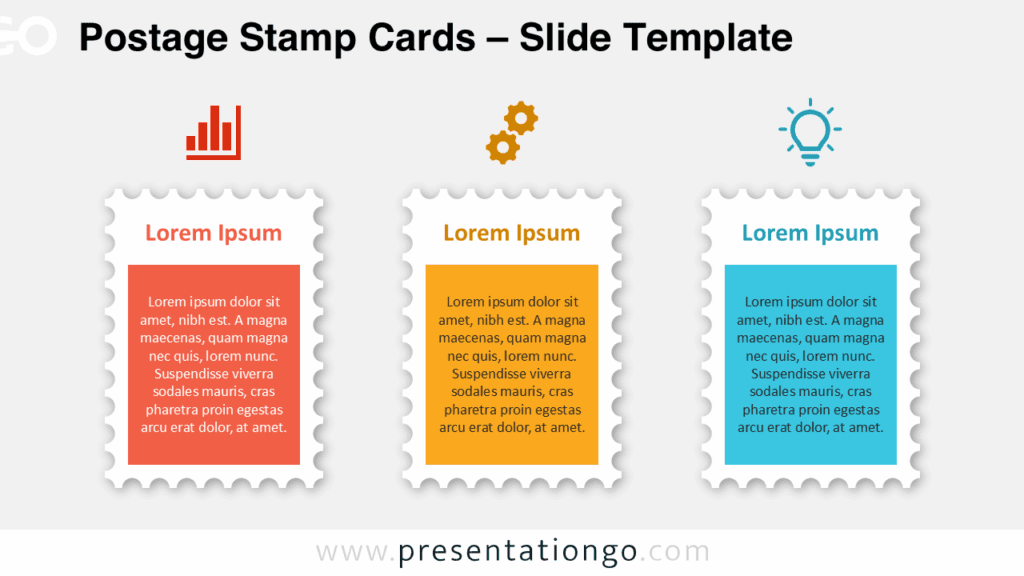 Standard format of the Postage Stamp Cards template with a white background and colorful stamps for PowerPoint and Google Slides use.