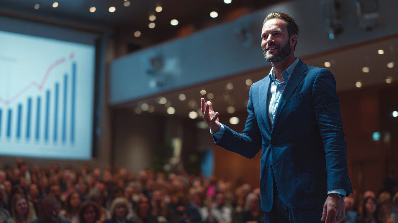 Professional sales manager delivering a motivational speech to a large audience at a corporate event, showcasing leadership and confidence.
