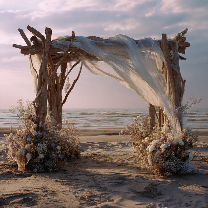 Rustic driftwood beach wedding arch decorated with flowing white fabric and floral arrangements on a sandy shore.
