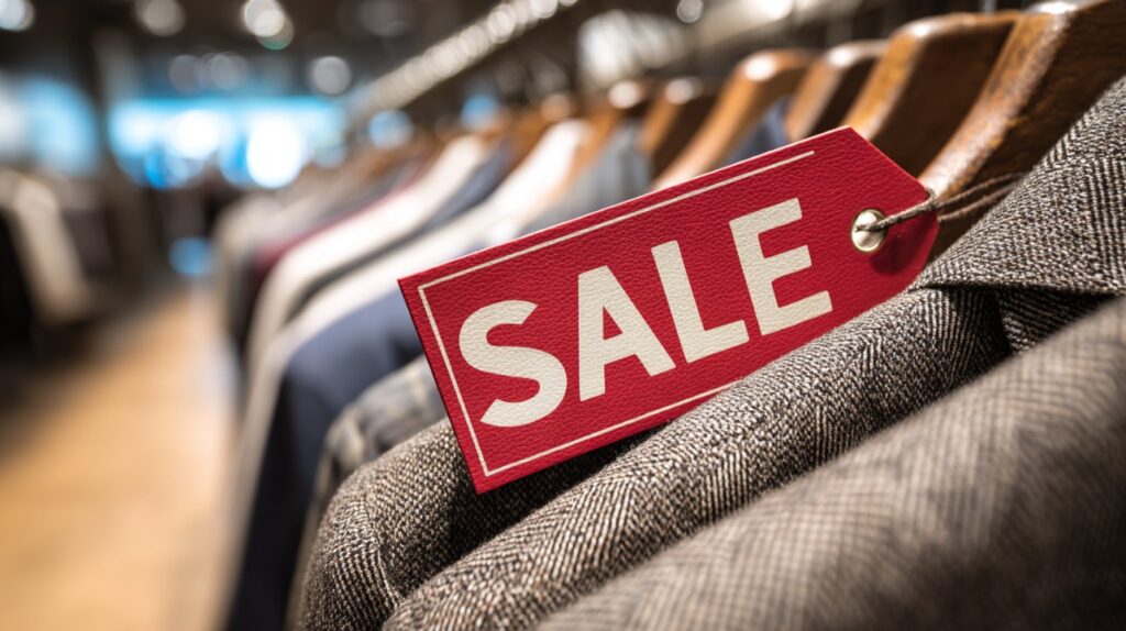 Close-up of a bright red SALE tag attached to a stylish brown jacket in a retail clothing store.