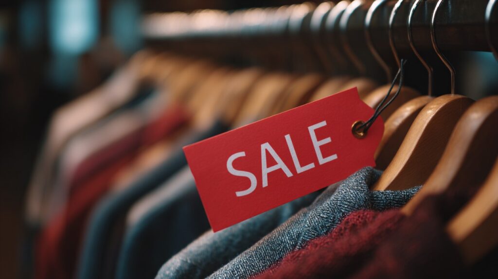 Close-up of a bright red SALE tag attached to a stylish brown jacket in a retail clothing store.
