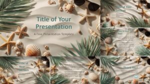 A calm and professional 6-slide beach-themed template for PowerPoint and Google Slides in widescreen format.