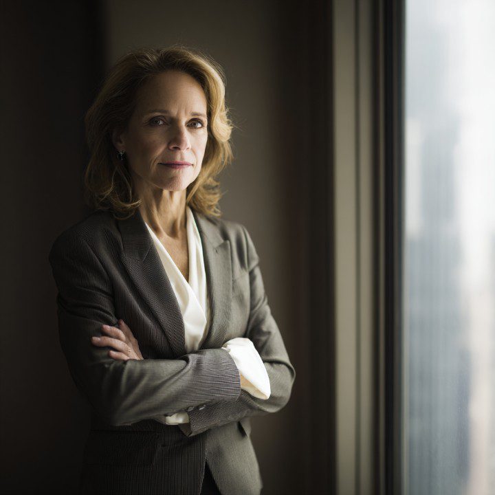 Senior businesswoman in formal attire standing confidently with arms crossed by a window in a professional setting.