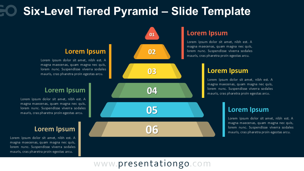 Six-step tiered pyramid template with dark background, vibrant layers, and connected side text boxes for PowerPoint presentations.