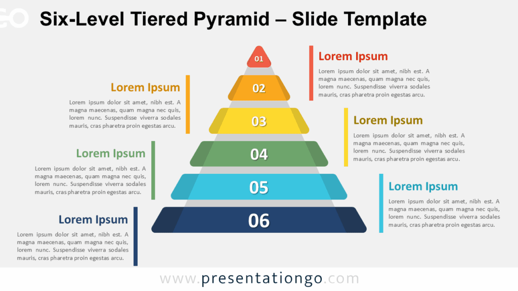 Editable six-level pyramid template for PowerPoint and Google Slides with a light background and labeled text boxes on each side.