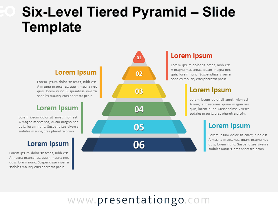 A six-level pyramid diagram for PowerPoint with stacked colored layers and editable text boxes for hierarchical presentations.