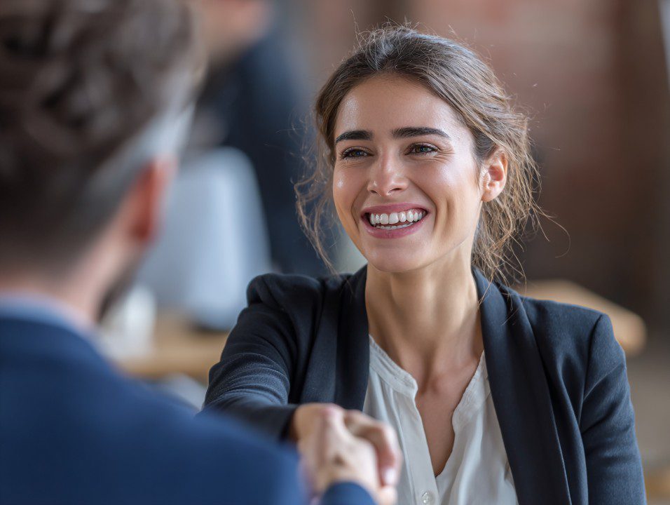Smiling young businesswoman shaking hands with a colleague in a modern office environment.