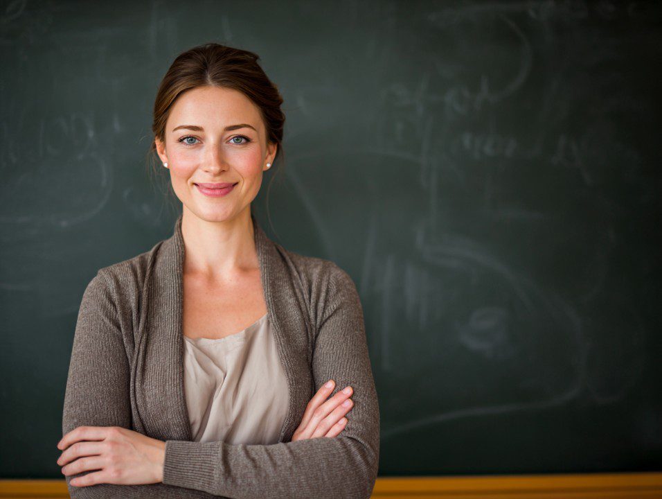 Confident female teacher smiling with arms crossed in front of a blackboard in classroom.