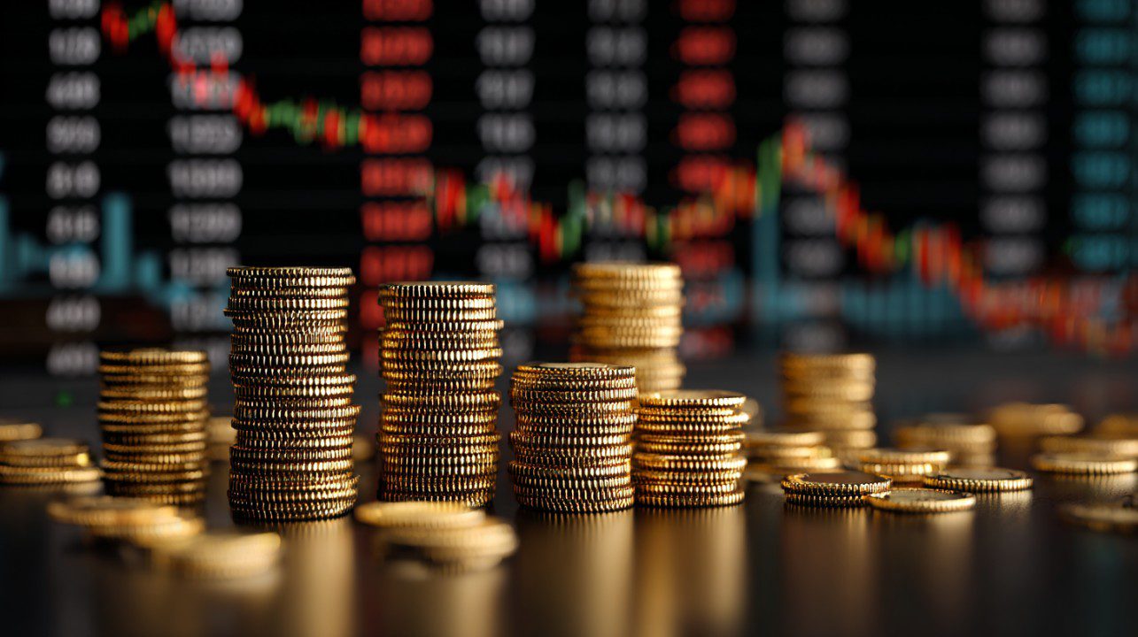 Stacked gold coins in sharp focus with a blurred stock market chart background representing finance and investment themes.