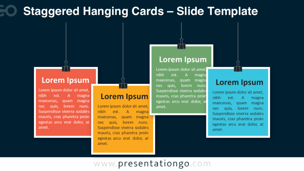 Overlapping vertical cards with text on a dark background, ideal for showing 4 steps in PowerPoint or Google Slides.