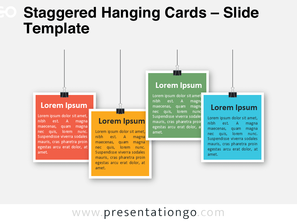 Four colorful, staggered vertical cards clipped from the top, ideal for outlining 4 steps in PowerPoint presentations.