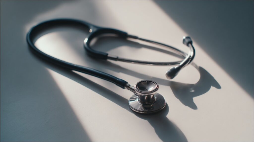 Close-up photo of a stethoscope lying on a glossy white surface with soft natural light and shadows.