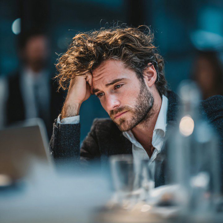 Side view of a stressed young businessman with curly hair, wearing formal attire, working late in a corporate office.