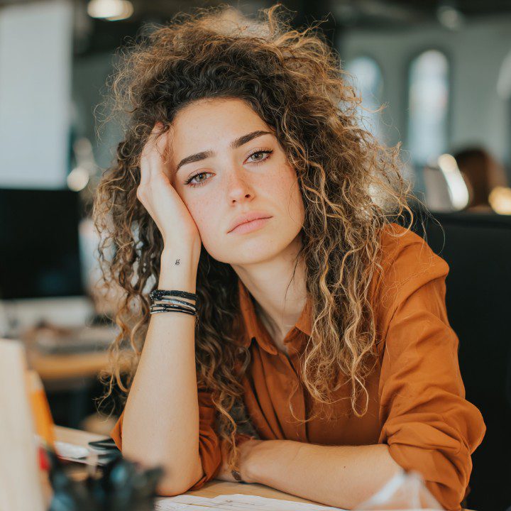 Young woman looking stressed and burned out sitting at her office desk with curly hair and brown shirt.