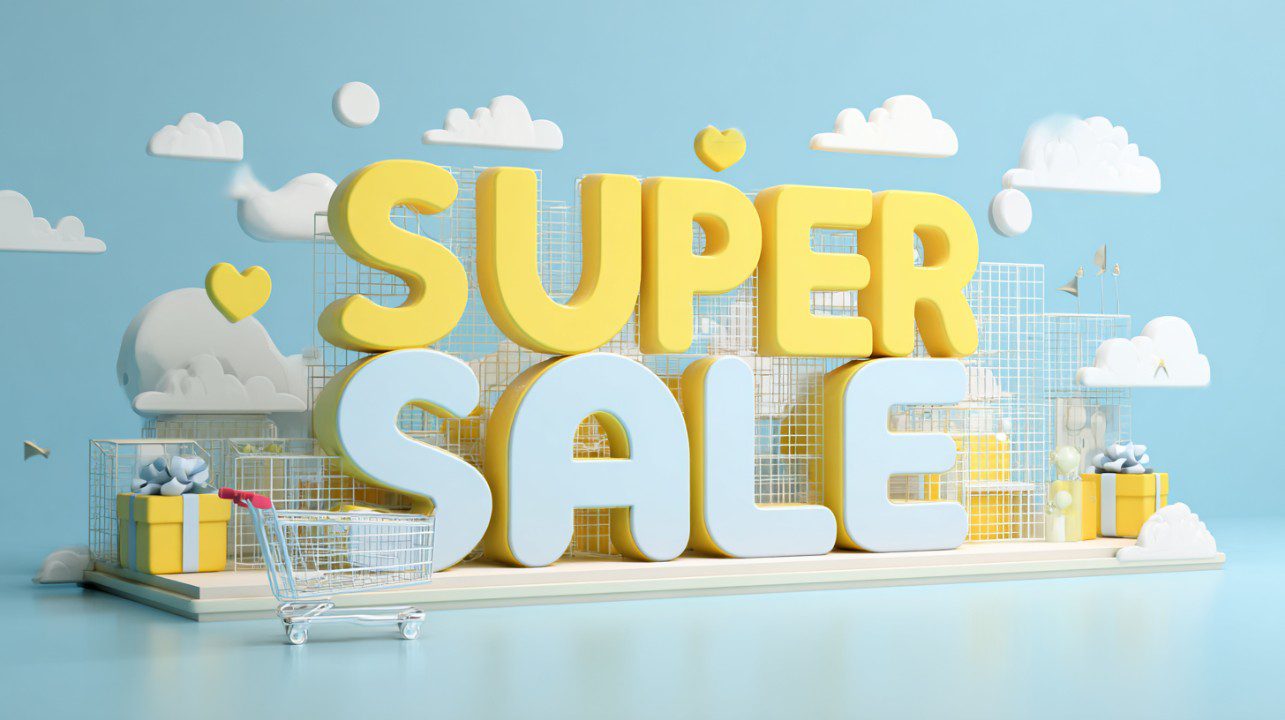 3D promotional poster with bold yellow and blue "Super Sale" text, shopping cart, and gift boxes on a playful background.