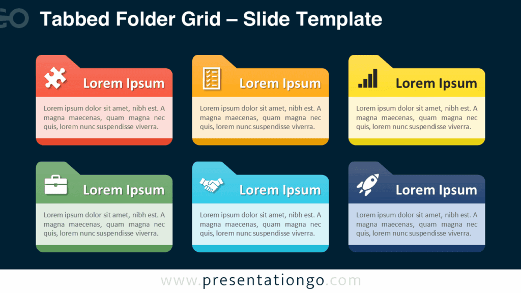 PowerPoint and Google Slides tabbed folder grid template with six sections on a dark background for impactful presentations.