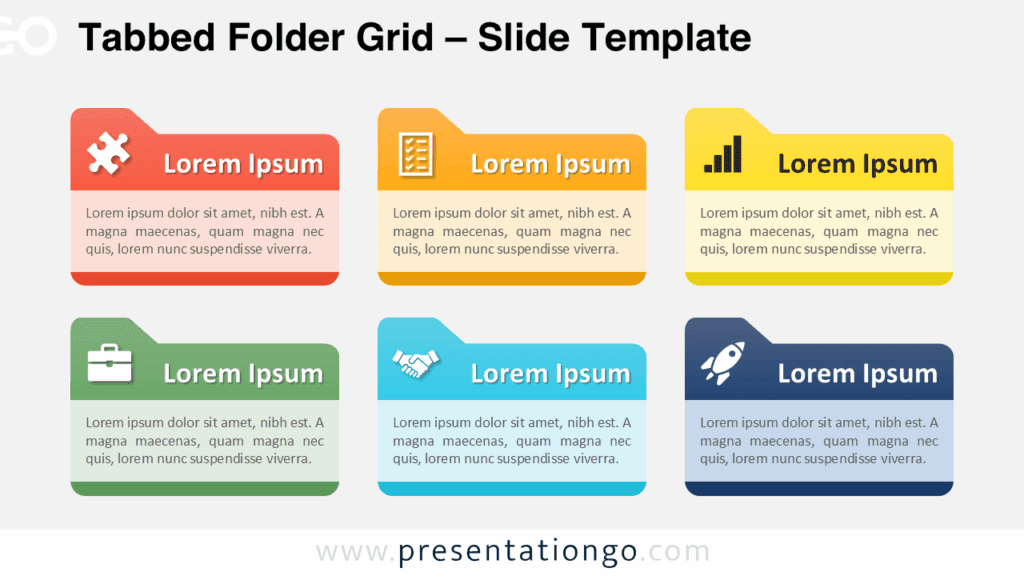 Editable tabbed folder grid for PowerPoint and Google Slides with six horizontal blocks on a light background layout.