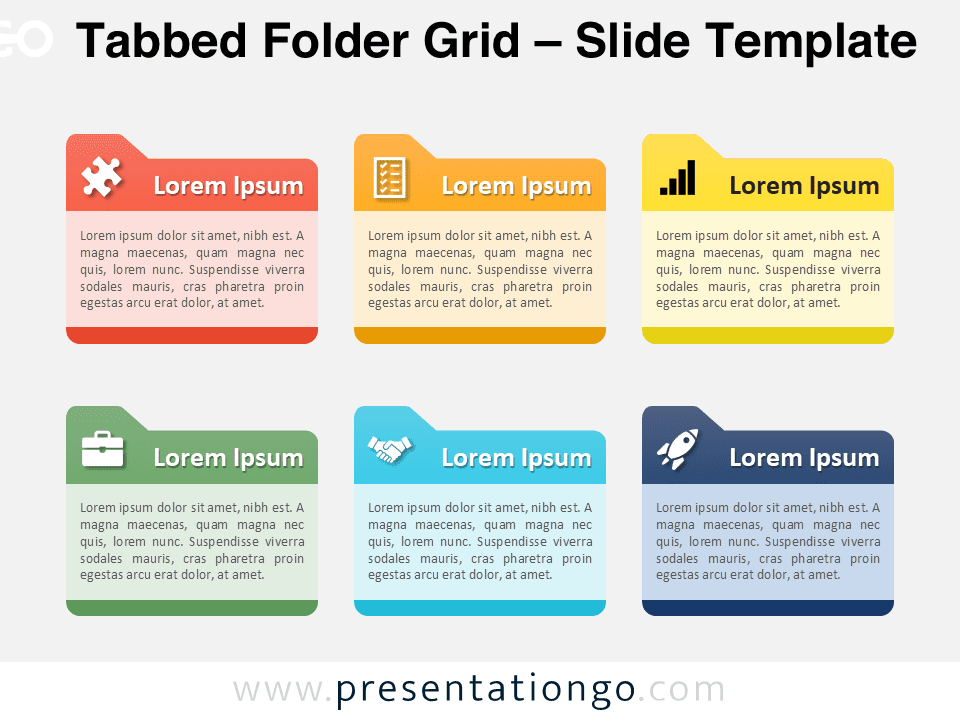 Six-tab folder grid layout template for PowerPoint with colorful tabs, icons, and text blocks arranged in a clean two-row format.