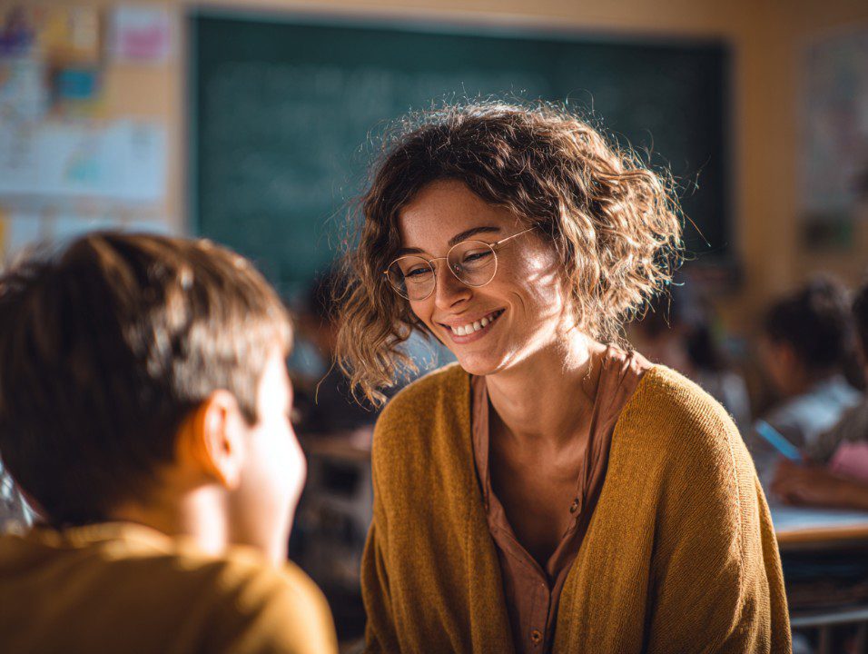 A smiling teacher wearing glasses warmly helps a student in a bright classroom, symbolizing support and education.