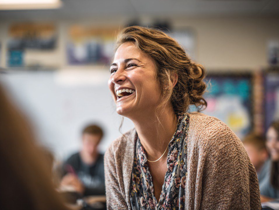 Teacher with curly hair laughing joyfully in classroom with students in background.