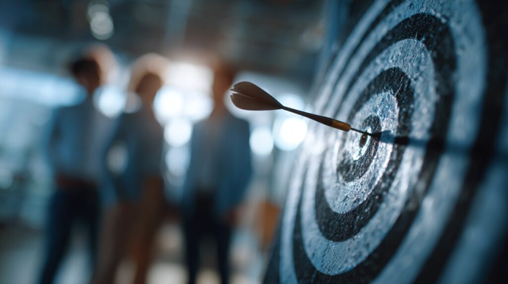 Dart hitting the bullseye on a target with a blurred team in the background, representing goal setting and team alignment.