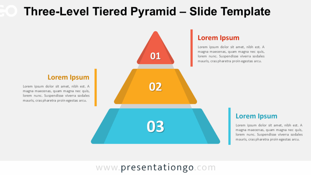 Editable three-level pyramid for PowerPoint and Google Slides with a light background and symmetrical text alignment.