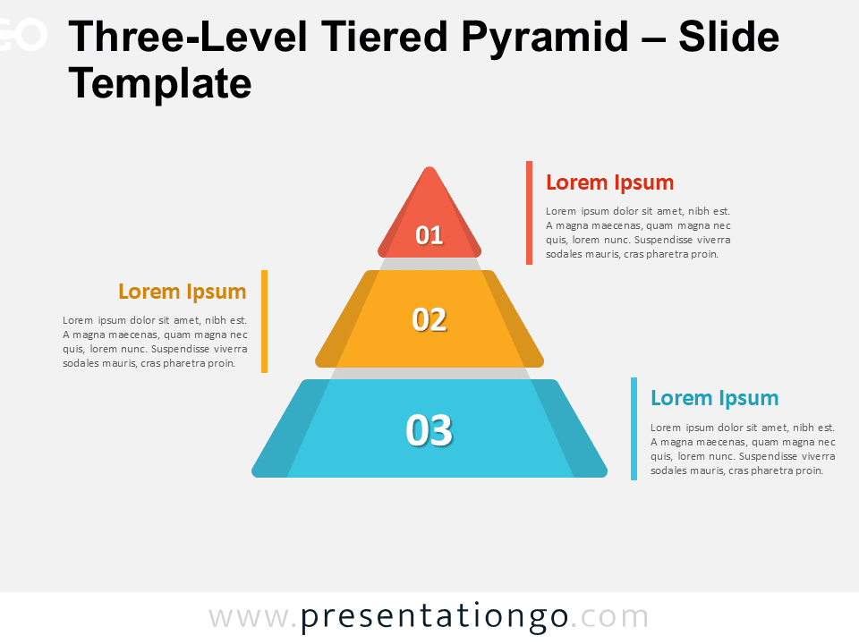 Three-level tiered pyramid diagram for PowerPoint showing a vertical hierarchy with numbers and editable trapezoid shapes.