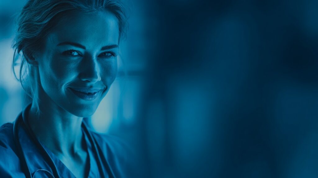 Confident female medical professional smiling with a blue overlay, symbolizing trust and care in healthcare.