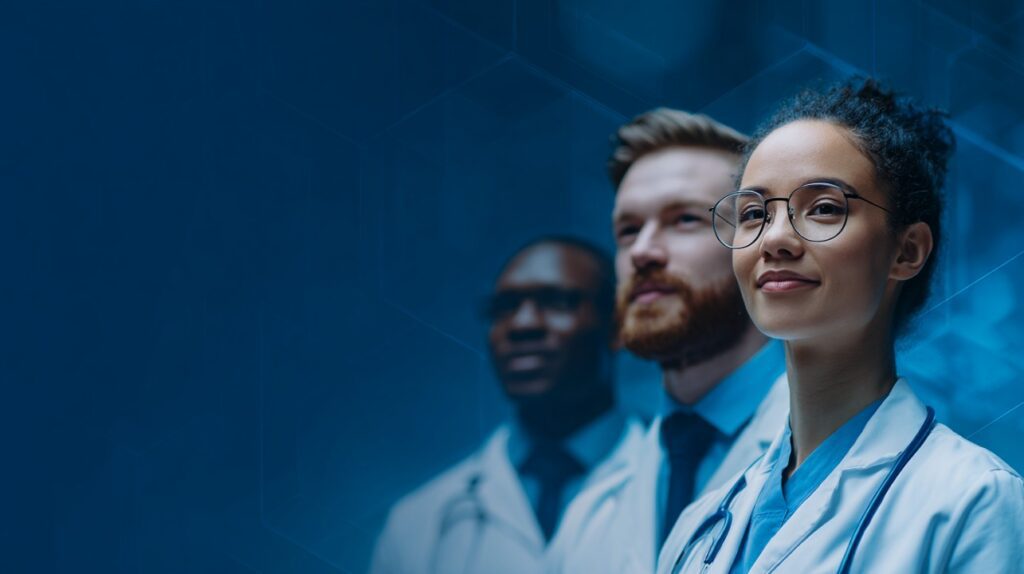 Diverse trusted medical professionals with a blue geometric overlay representing healthcare expertise and collaboration.