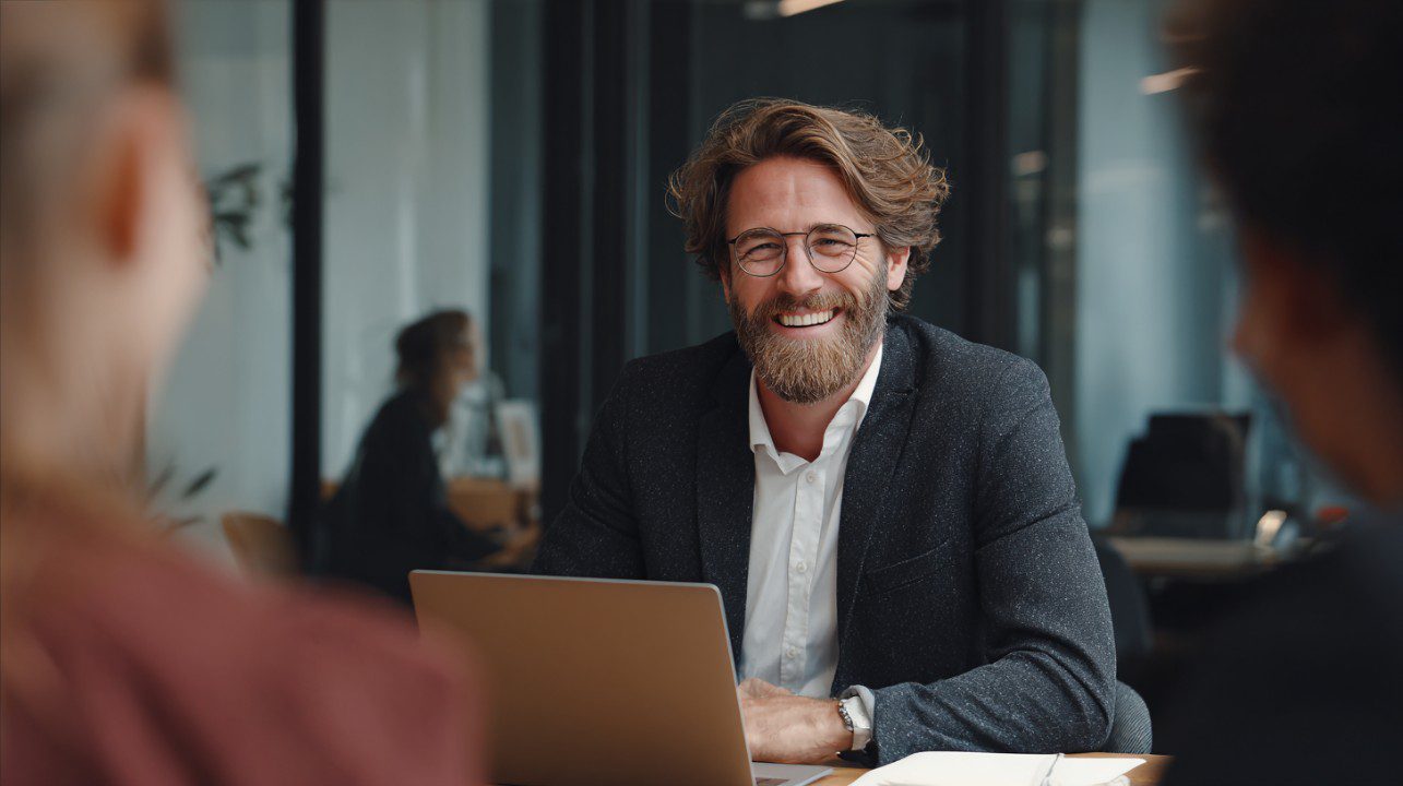 Smiling trustworthy consultant meeting with clients in a modern office environment, showing reliability and engagement.
