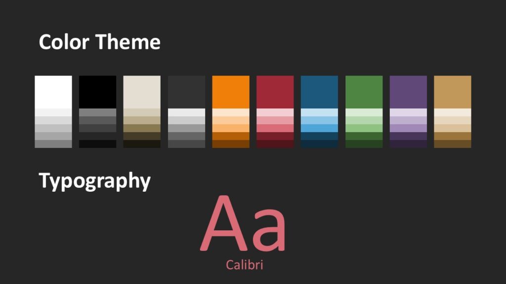 Palette slide previewing template’s teal, wine and amber gradients plus recommended fonts for PowerPoint and Google Slides.