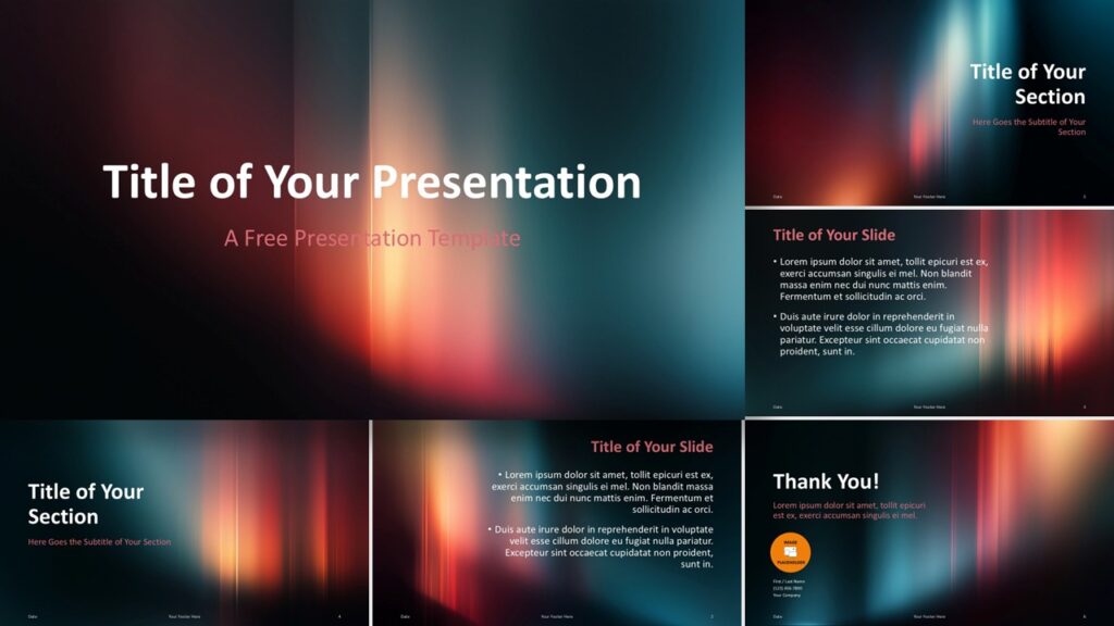 Widescreen preview of Twilight Spectrum slides for PowerPoint and Google Slides, featuring glowing gradients and vertical light beams.