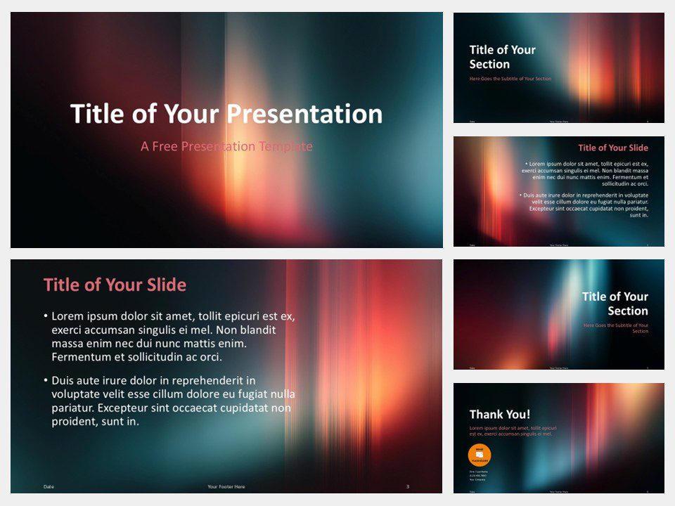 Preview of six Twilight Spectrum template slides for PowerPoint and Google Slides, combining dusk gradients and glowing light bars.