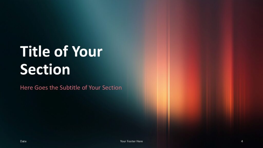 Section slide with left title, coral subtitle and right light column for chapter breaks in PowerPoint and Google Slides.