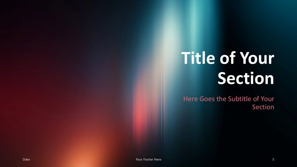 Section slide with right title, coral subtitle and cyan light beam, marking topic change for PowerPoint and Google Slides.