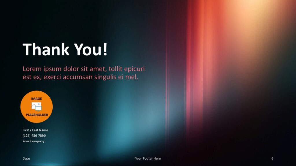 Thank you slide with left headline, circular photo placeholder and glowing amber gradient for PowerPoint and Google Slides.
