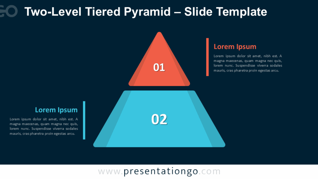 Dark theme slide preview of a two-step pyramid diagram for PowerPoint and Google Slides, used for presenting dual-phase processes.