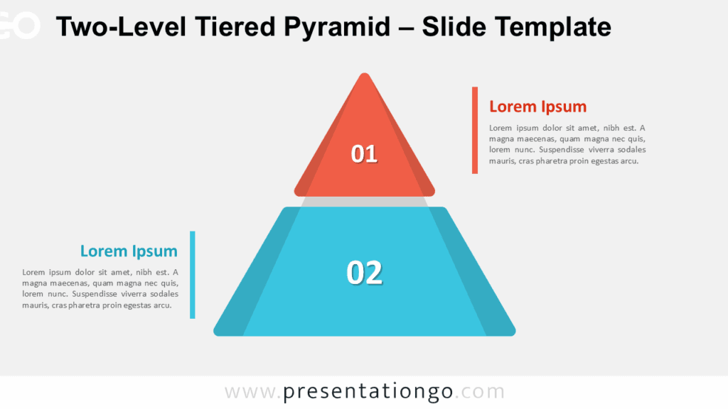 Preview of a two-level pyramid diagram template with side text, designed for PowerPoint and Google Slides on a light background.