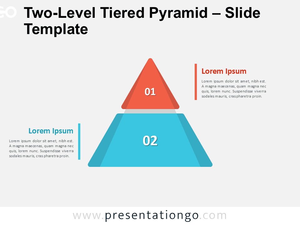 A two-step tiered pyramid diagram with side text boxes, ideal for showcasing hierarchies or phases in PowerPoint presentations.