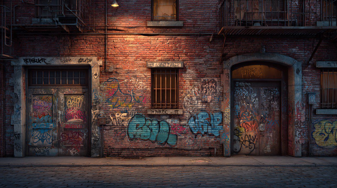 A realistic urban alleyway wall covered with colorful graffiti art and street tags under warm lighting.