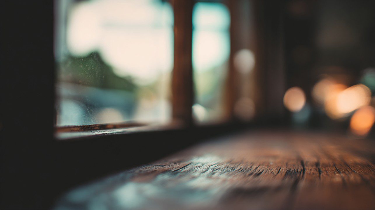 Close-up of a vintage wooden table surface with shallow focus and warm natural light highlighting the wood grain.
