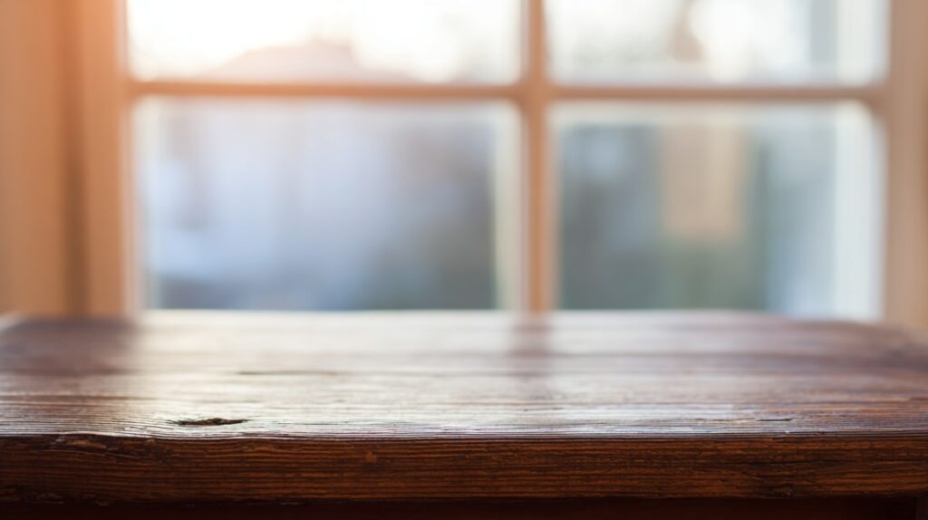 Close-up of a vintage wooden table surface showing natural grain texture and warm lighting.