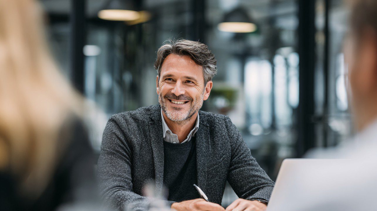 Smiling consultant warmly meeting clients in a modern office setting, representing trust and professionalism.